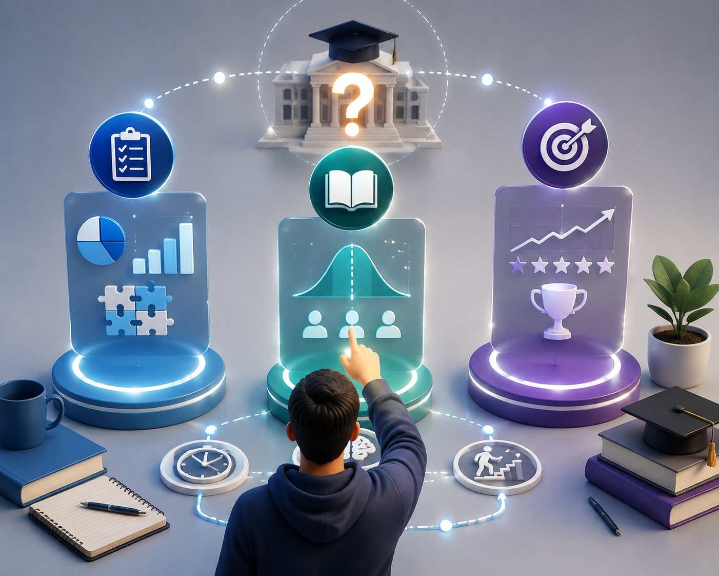 GMAT vs GRE vs CAT exam selection concept featuring a student making an admission decision with interactive choice panels, academic icons, analytics elements, and business school preparation symbols.